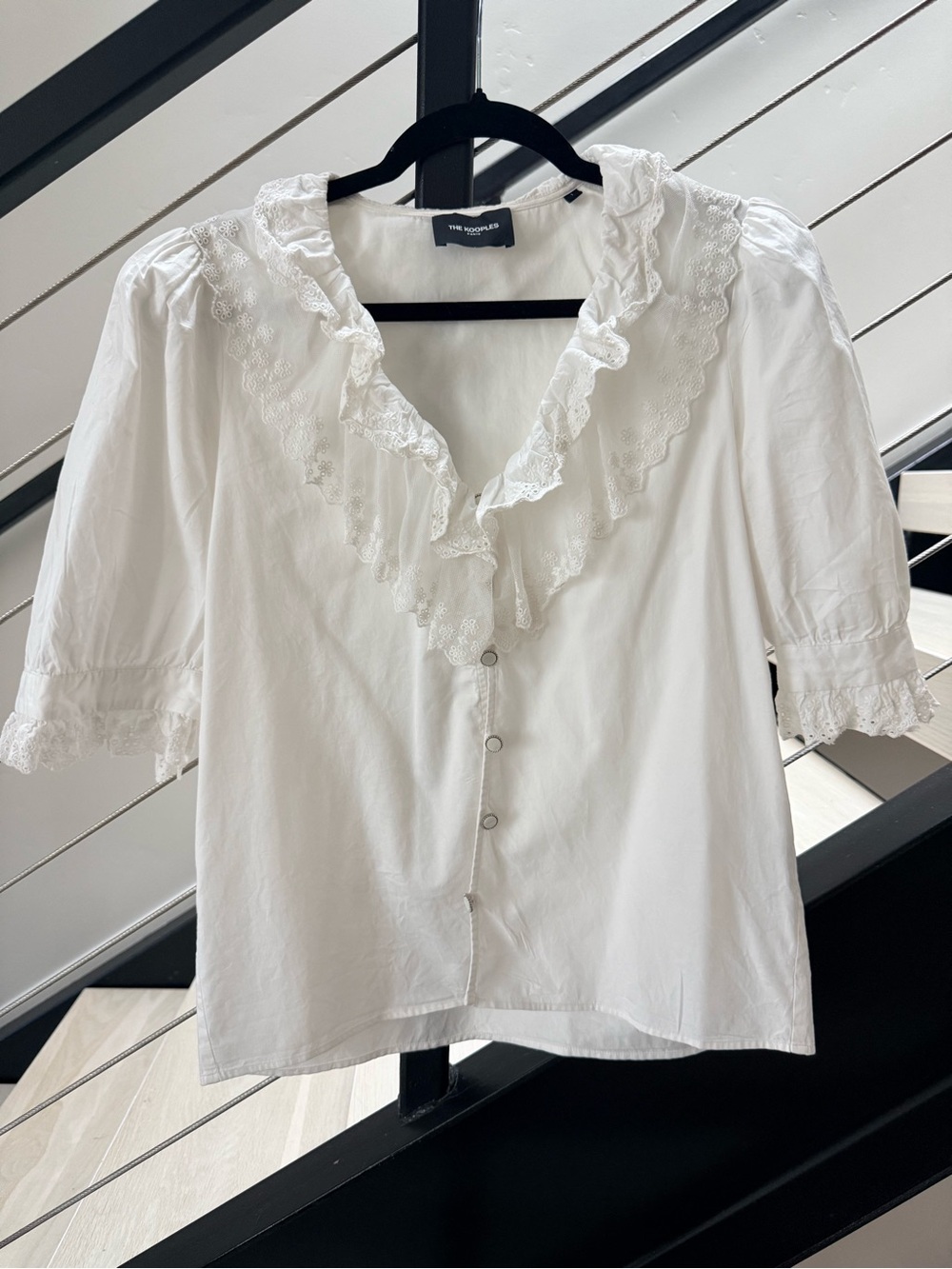 The Kooples White Eyelet Ruffle V-Neck Blouse